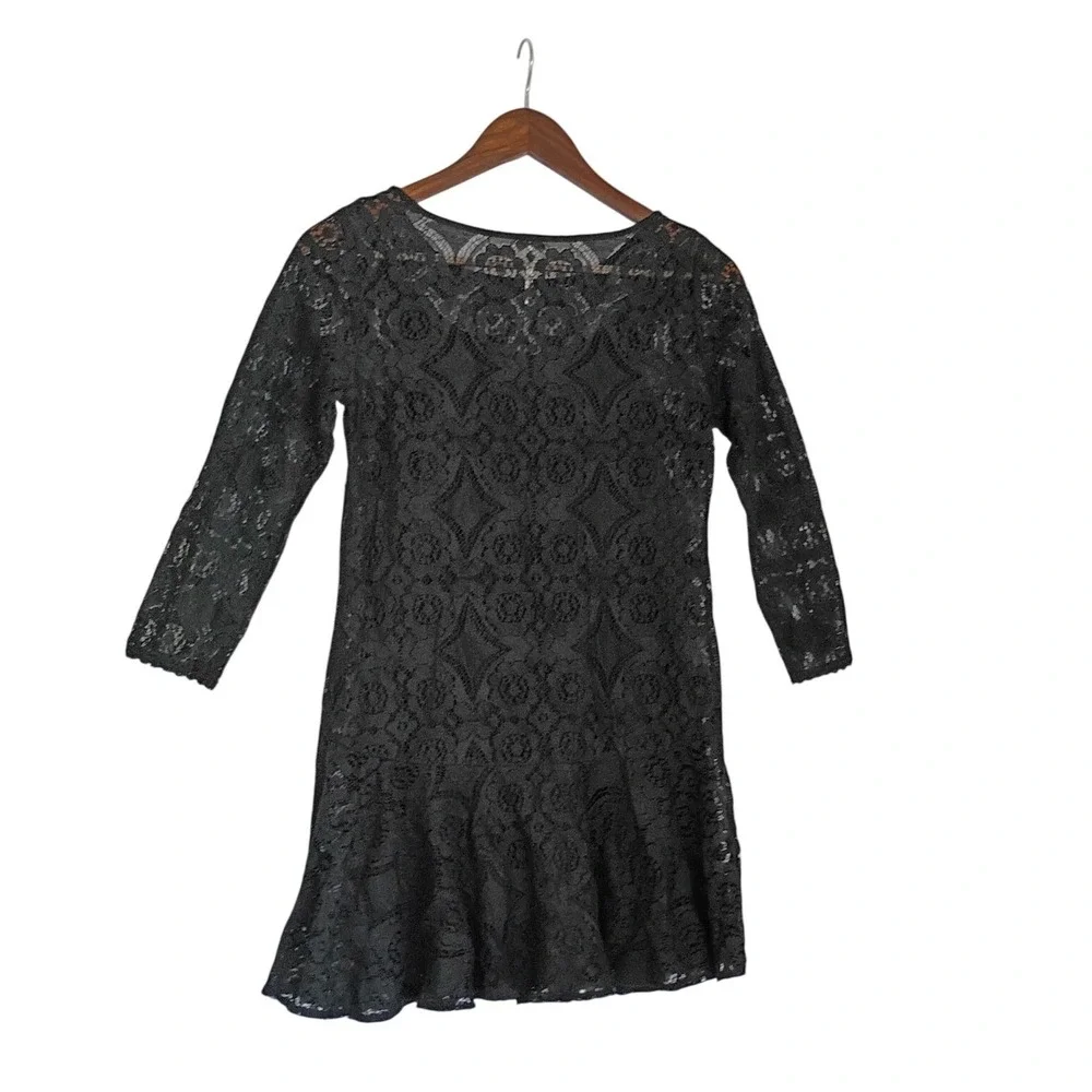 Free People Coquette Black Floral Lace Ruffle Hem Mini Dress 3/4 Sleeve S